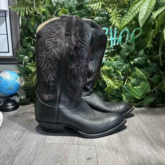 Vintage Justin Pebbled Cowboy Black Leather Wings Men Size 9.5 EE Black Boots